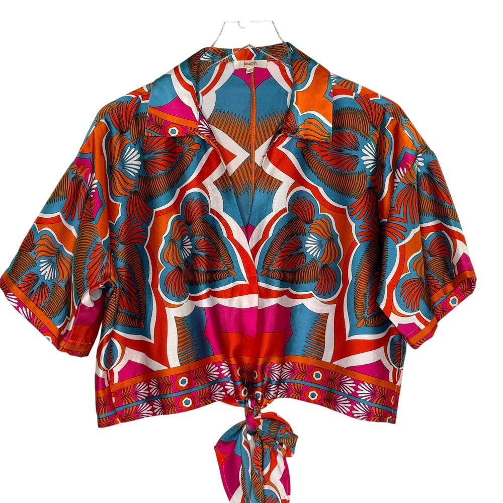 Peach Multicolor Geometric Medallion Print Tie Front Crop Top L Bold Vibrant